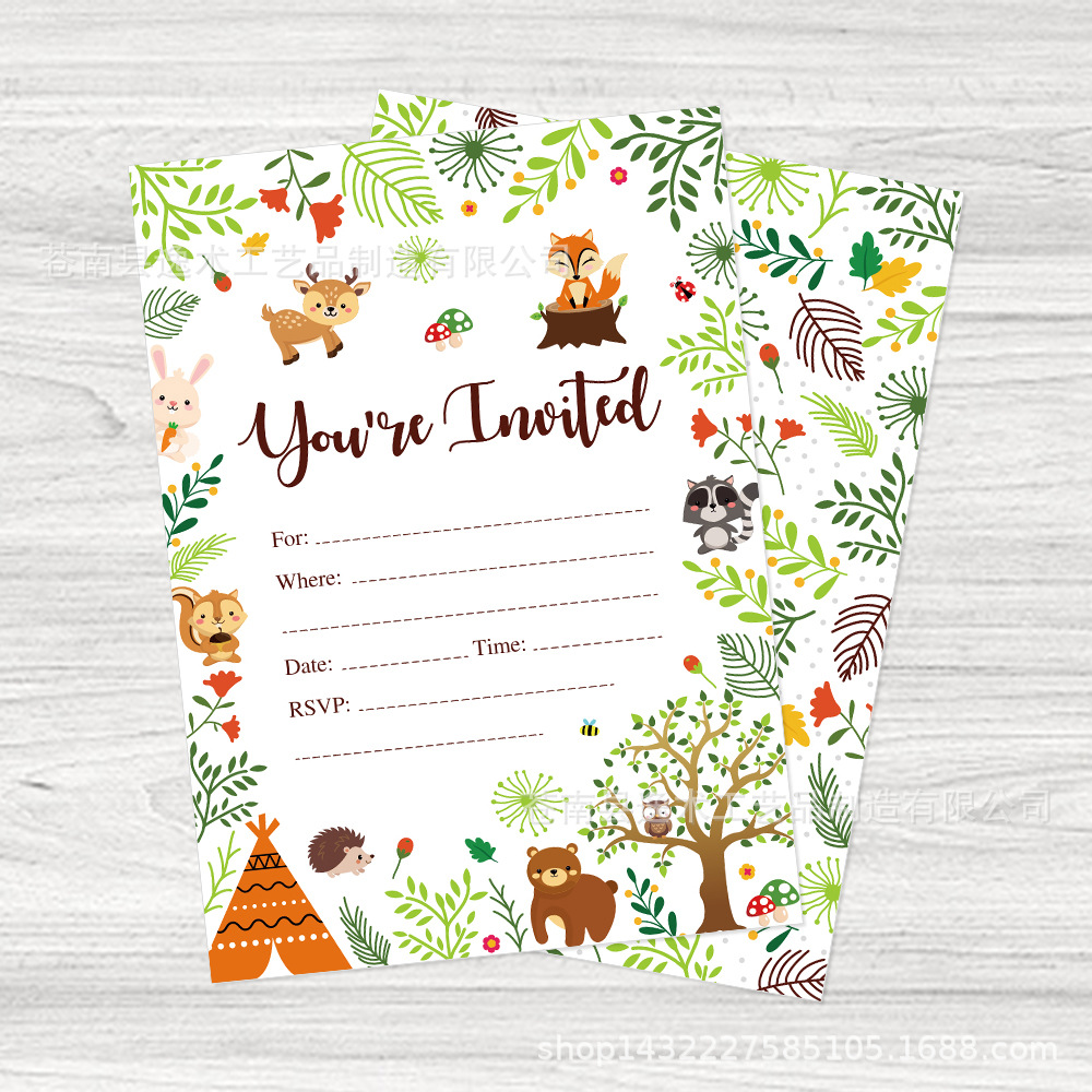 zz011 woodland 狐狸动物邀请函邀请函节日生日正面邀请涵