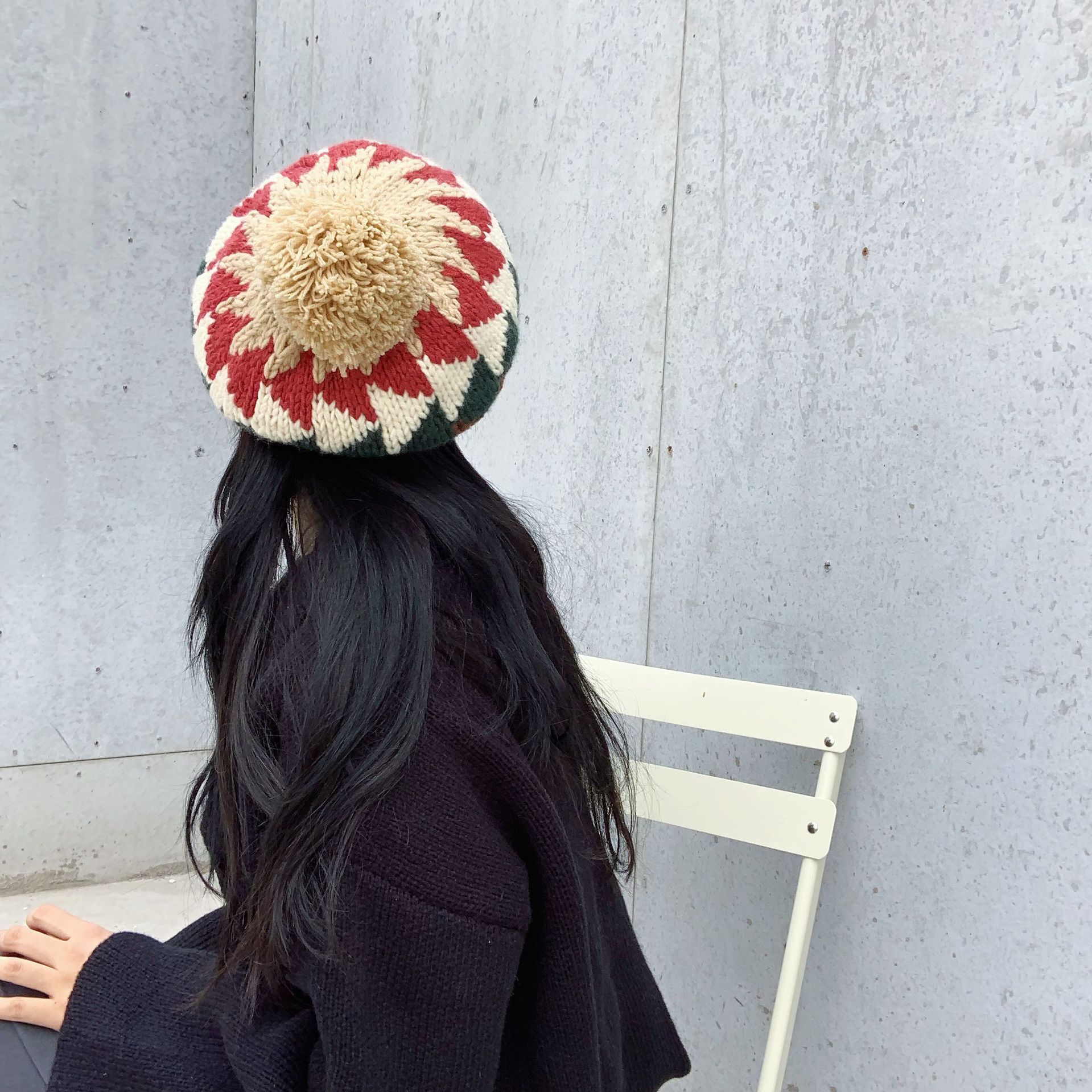 冰岛vintage童趣风撞色针织贝雷帽大毛球画家帽子