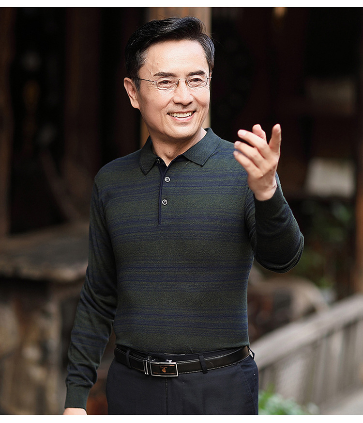 中老年男装爸爸装针织衫t恤男士长袖t恤春秋季薄款翻领长袖打底衫