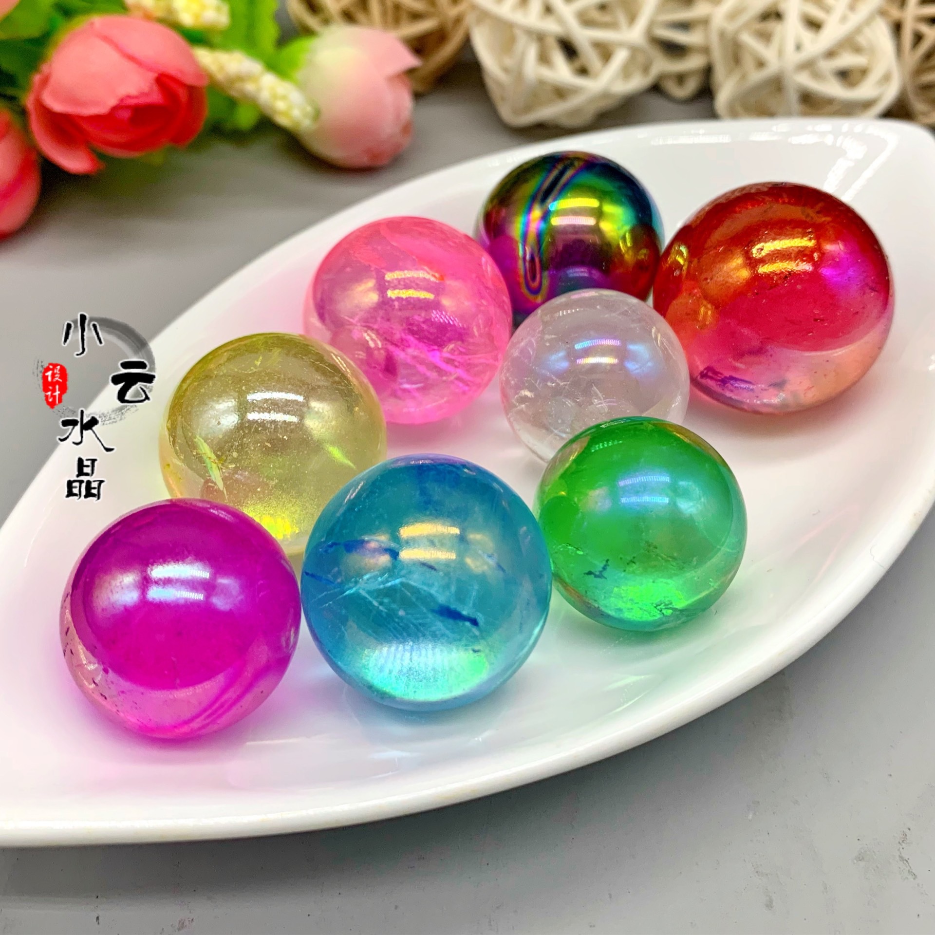 电镀天然水晶球彩色水晶球红黄蓝绿紫水晶球七彩电镀水晶球摆件