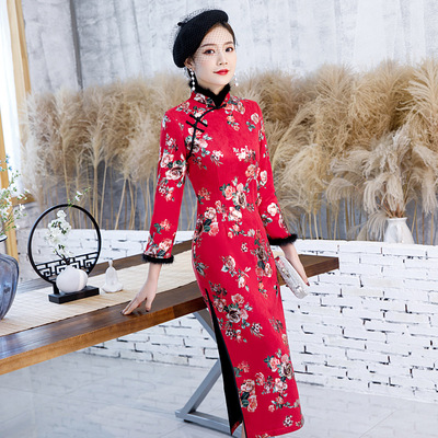 2019秋冬新款鹿皮绒长款加厚旗袍 复古修身改良旗袍批发连衣裙
