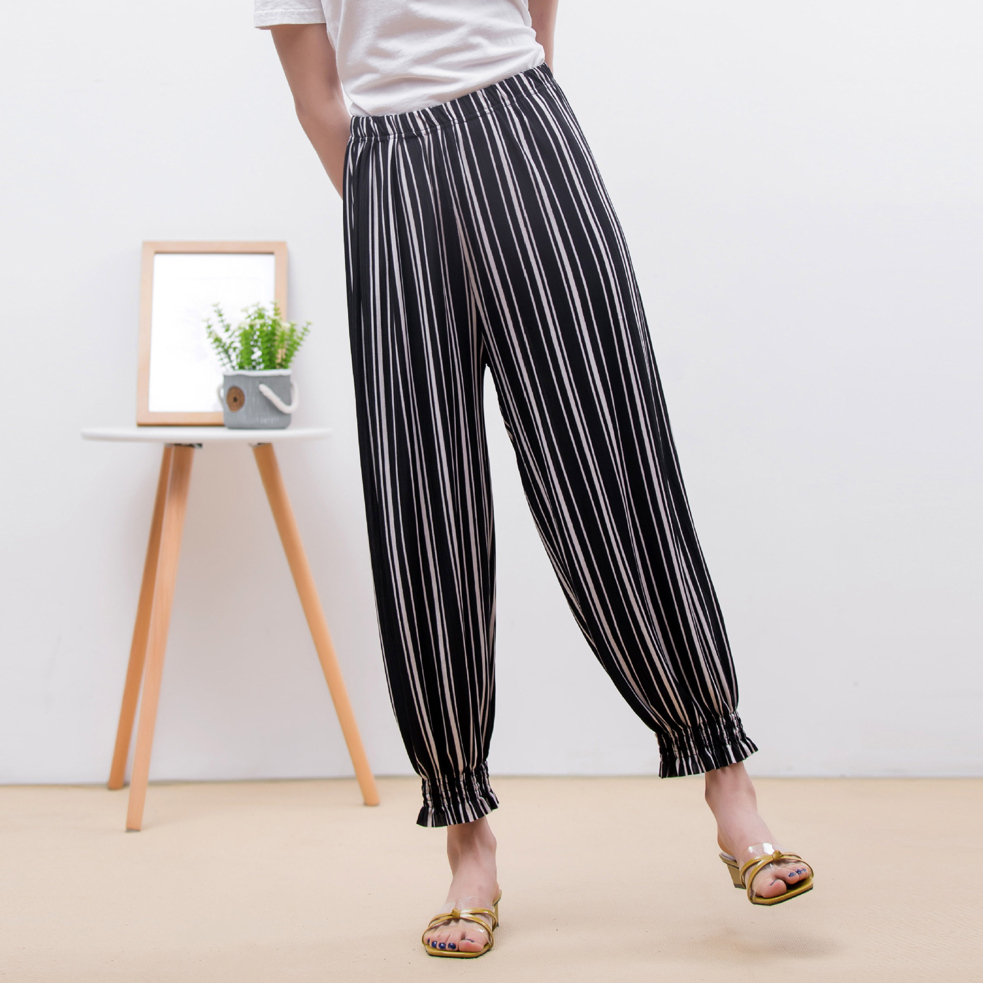 欧美爆款绵绸中腰灯笼裤 夏季防蚊美人条九分束脚休闲裤女 沙滩裤