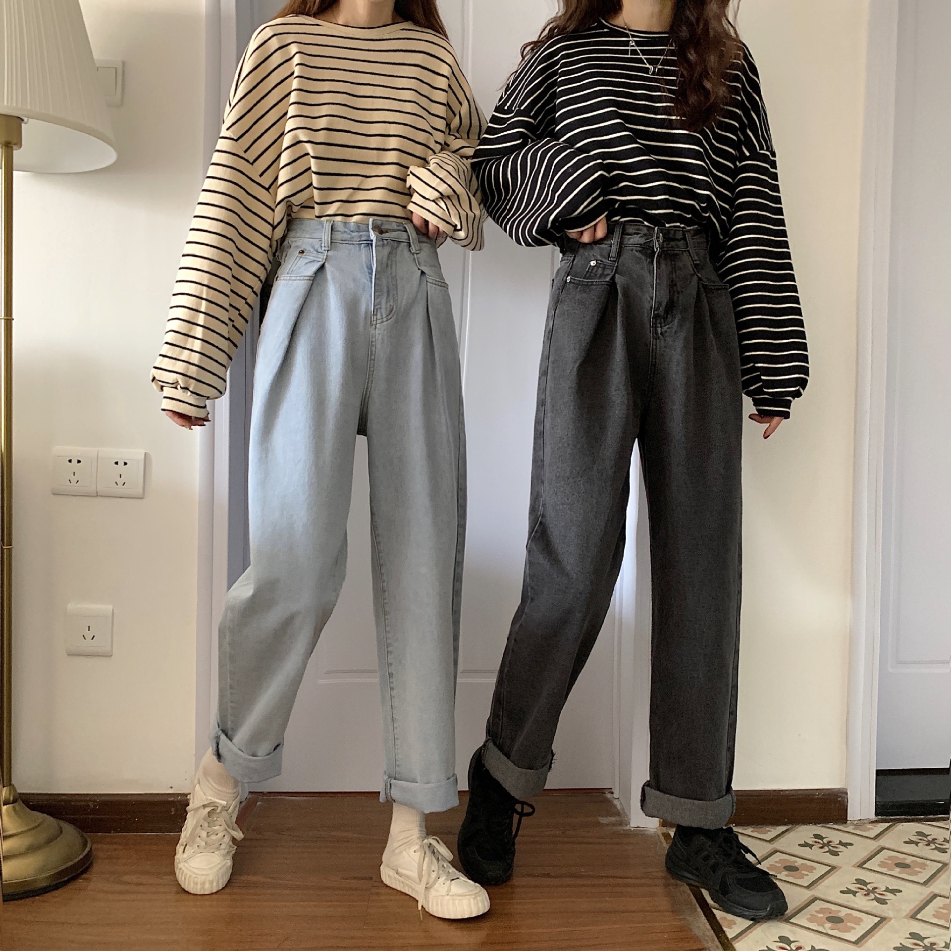 实拍2019女装冬季新款高腰显瘦复古老爹裤宽松阔腿牛仔长裤女