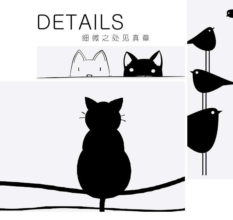 黑白极简装饰画抽像线条卡通猫咪挂画客厅沙发背景墙画儿童房挂画