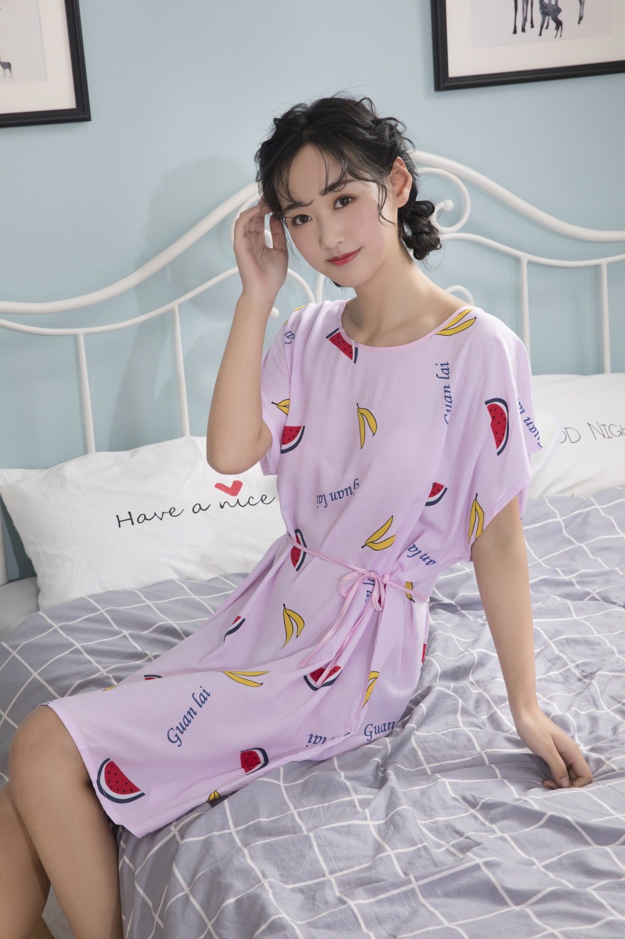 新款特价春夏秋季女生人造棉卡通可爱睡裙 棉绸mm睡裙纯棉家居服