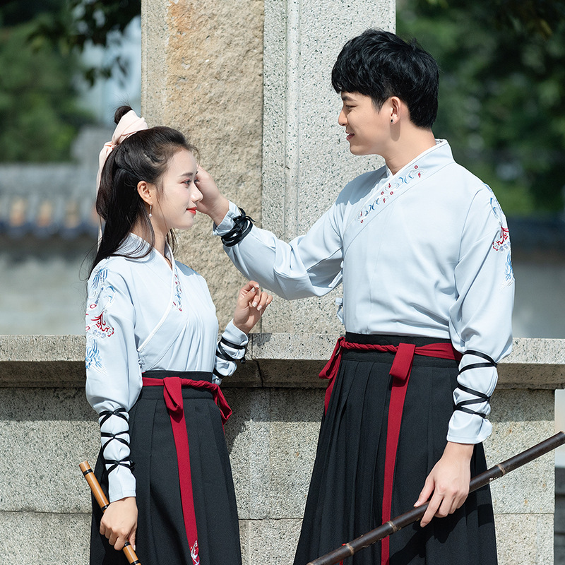 原创汉服国风绣花交领襦裙 武侠风日常情侣cp装 古风侠客男女套装