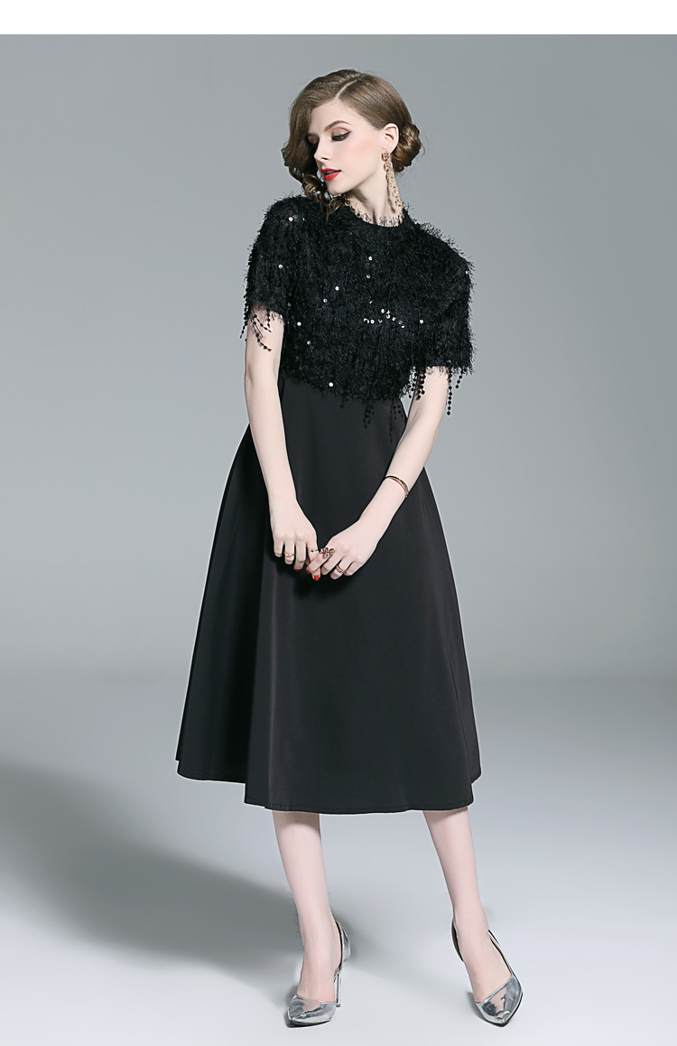 2019夏装女气质法式小众气质立领短袖亮片流苏连衣裙礼服小黑裙