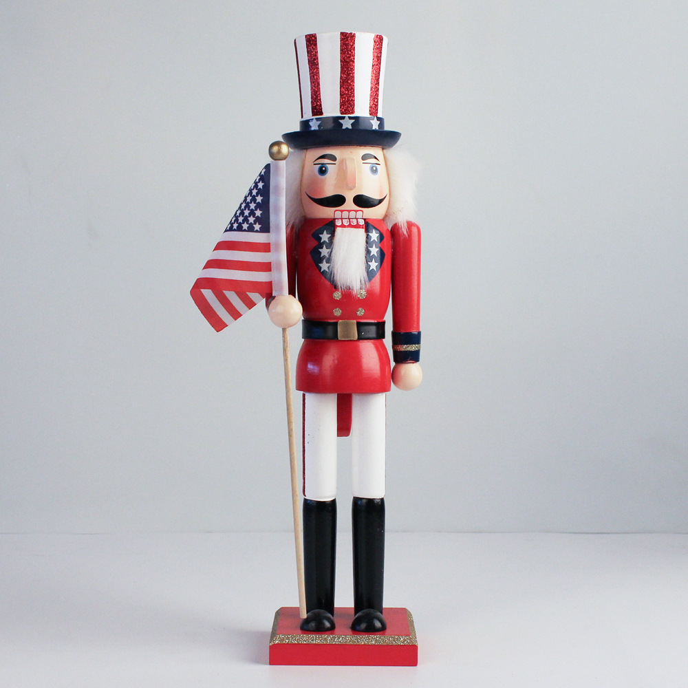 Cross-Border Manufacturers 38cm American Flag Tabor Hand Nutcracker Puppet Small Walnut Soldier Christmas Ornament Wholesale