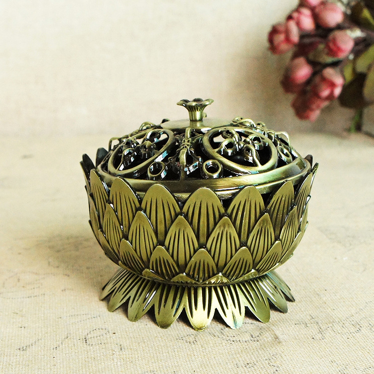 藏式合金八吉祥莲花佛堂供具塔双层莲花法器香炉合金莲花香炉