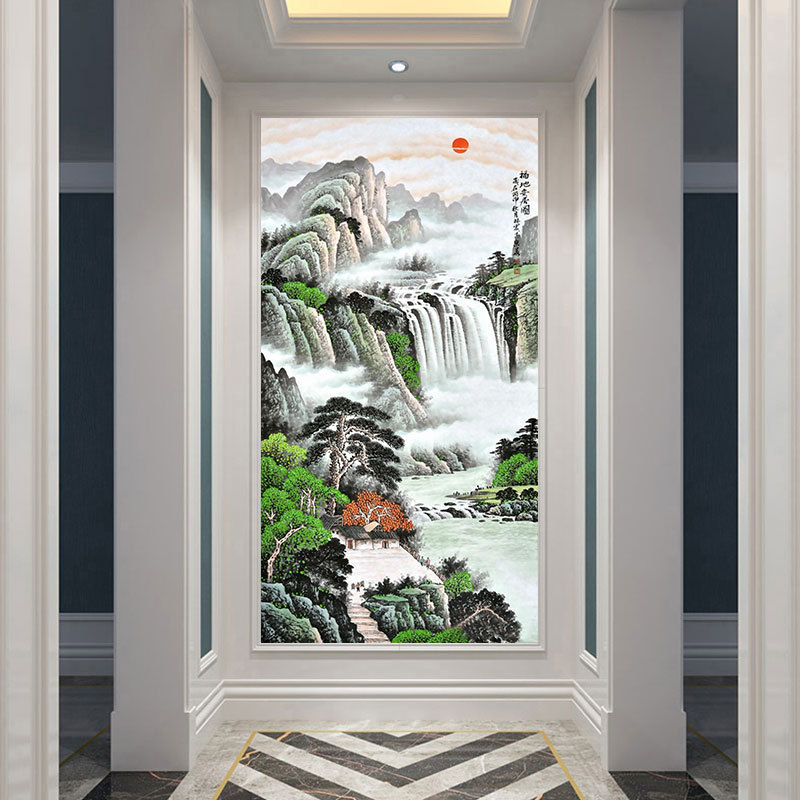 定制山水画鸿运当头国画客厅聚宝盆招财竖版办公风水靠山卷轴壁纸