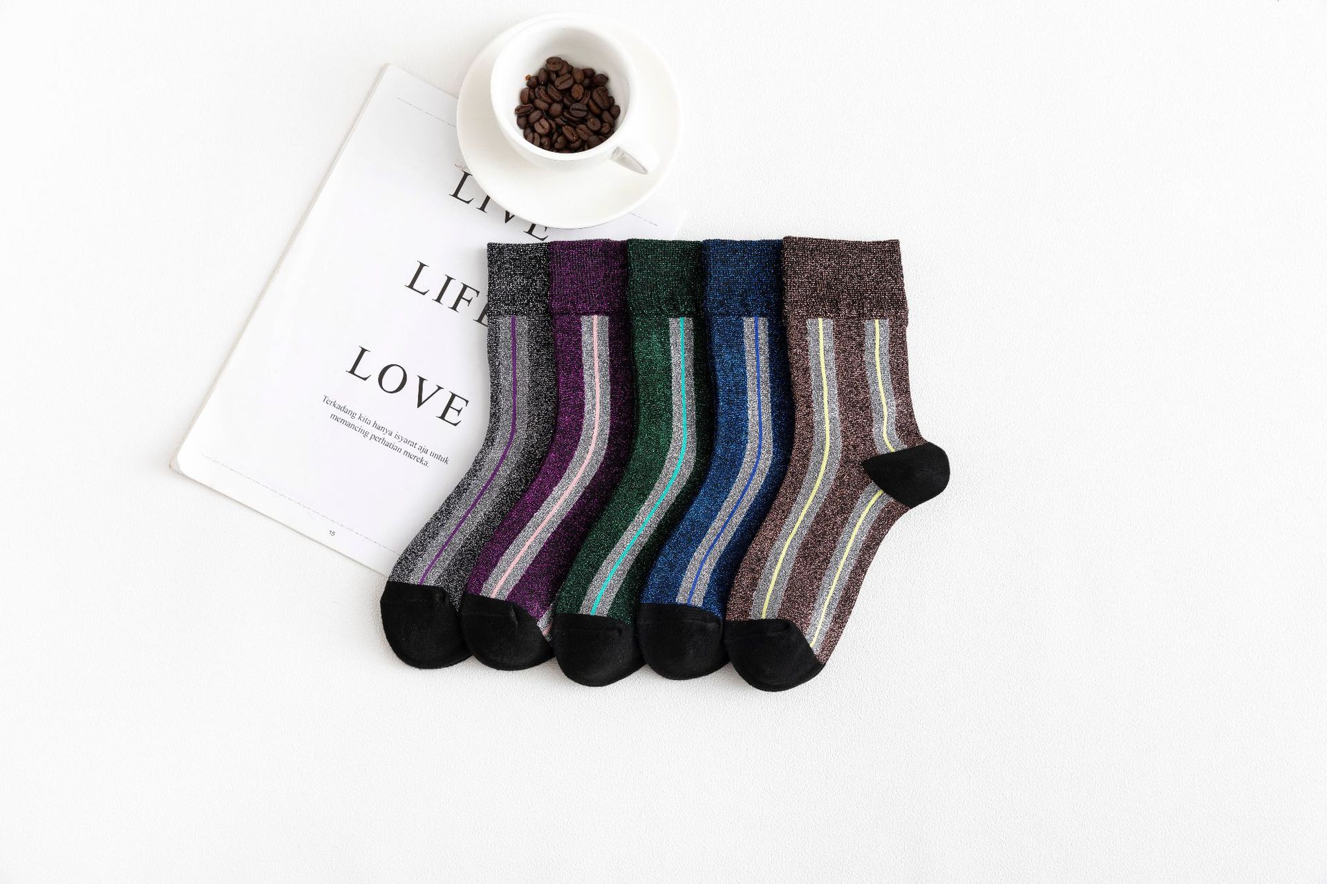 袜子女韩版春秋金银丝竖条纹中筒棉袜日系百搭复古长筒袜子潮ins