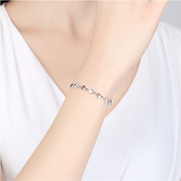 Korean Style Silver Plated Mori Artistic Blue Crystal Heart-Shaped Bracelet Women's Rhinestone Zircon Heart-Shaped Bracelet Simple Jewelry Wholesale