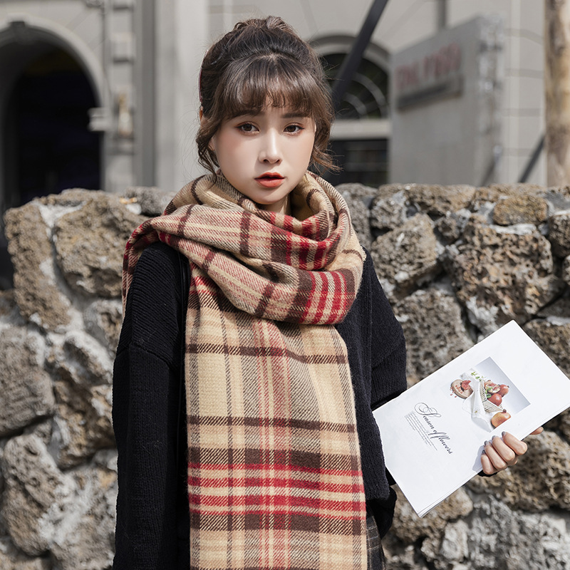 Korean Style Retro Classic Color Plaid Ins Korean Dongdaemun Autumn and Winter Soft Double-Sided Artificial Cashmere Scarf Scarf