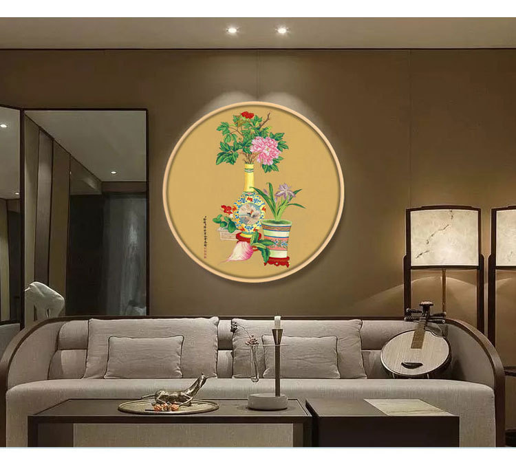 圆形镜框画客厅大厅办公室装饰画花鸟挂画壁画郎世宁平安富贵图