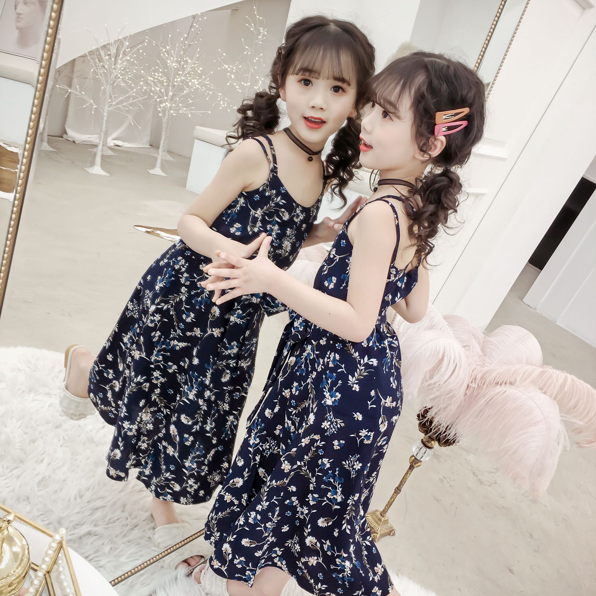 女童连衣裙小女孩碎花雪纺吊带裙幼儿园小学生夏天薄款长款裙子