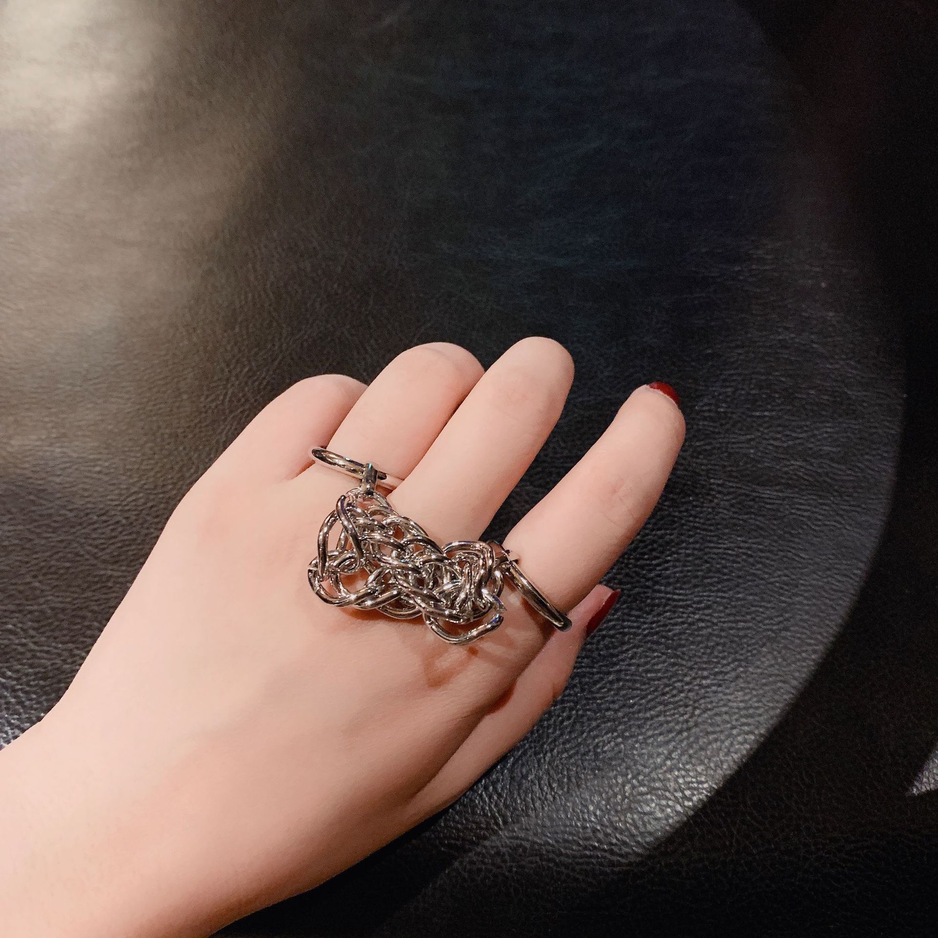 欧美夸张个性朋克风连体链条双指戒指女时尚嘻哈hiphop潮人双指环