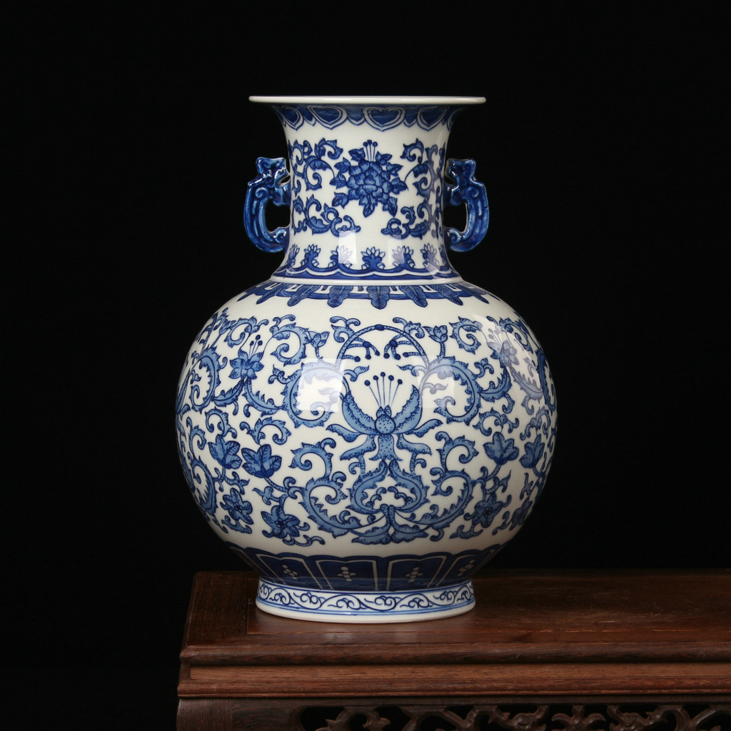 景德镇陶瓷器 手绘缠枝双耳狮子壳花瓶 中式古典家装家饰工艺品