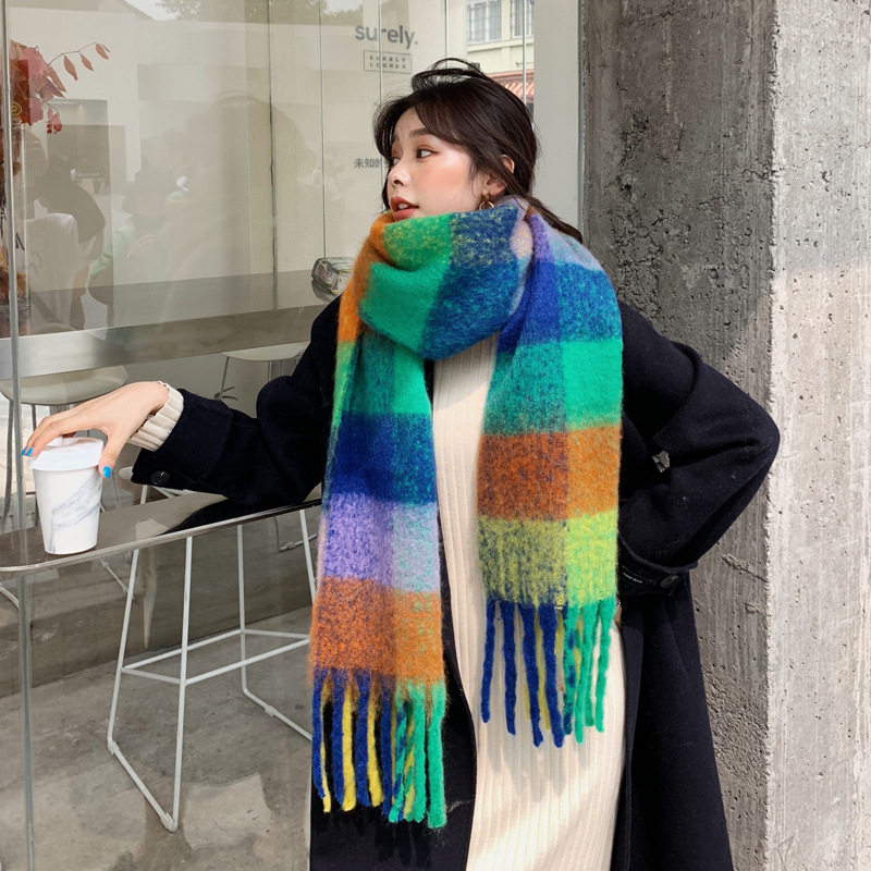 2023 Autumn and Winter Cashmere Tassel Large Scarf Women's Warm Thickened Double-Sided Color Matching plus-Sized Shawl Fluffy Korean Fashion