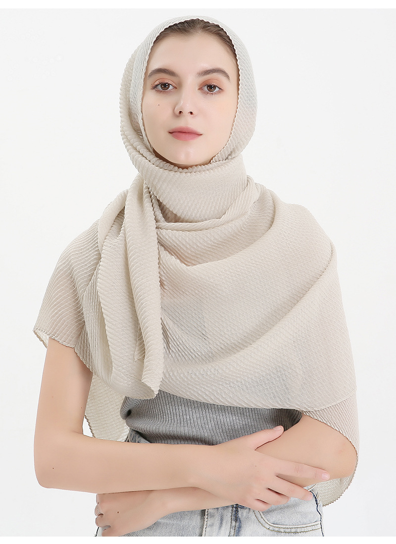 纯色蜂窝褶皱围巾 棉质斜纹压皱穆斯林包头头巾 女士秋冬保暖围巾