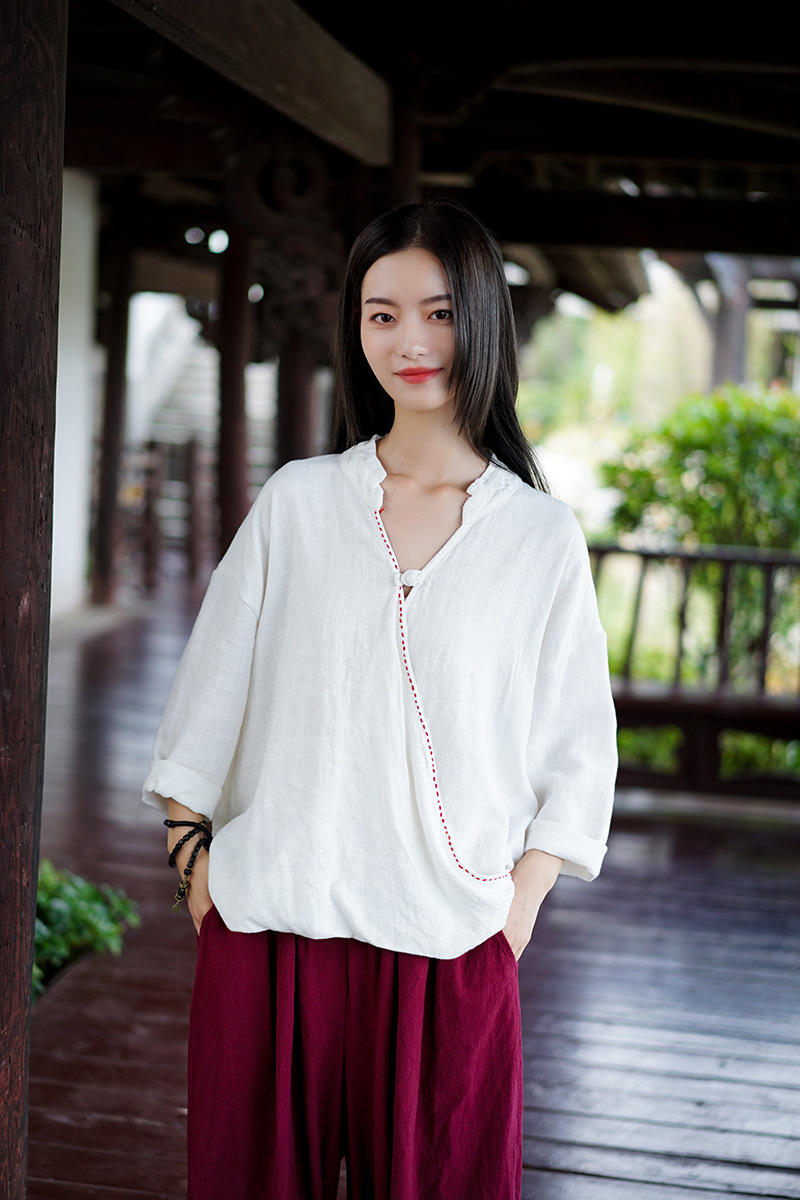 2020秋冬棉麻女装新品复古文艺立领手工缝线亚麻上衣长袖女式衬衫