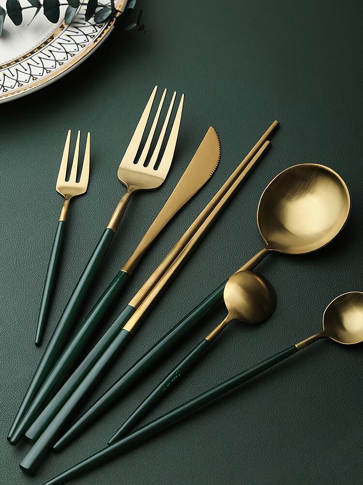 抖音风黛绿金色西餐餐具304葡萄牙墨绿不锈钢刀叉勺 西餐摆盘刀叉