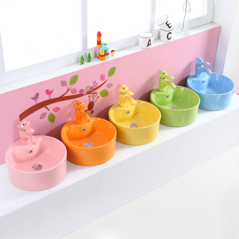 彩色洗脸盆儿童陶瓷小艺术台上盆洗面幼儿园洗手盆单孔洗手池台面