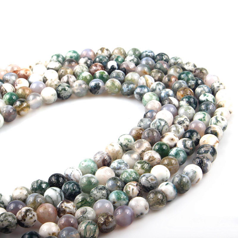 厂家直销天然树纹石散珠手工半成品diy饰品配件树纹玛瑙圆珠批发