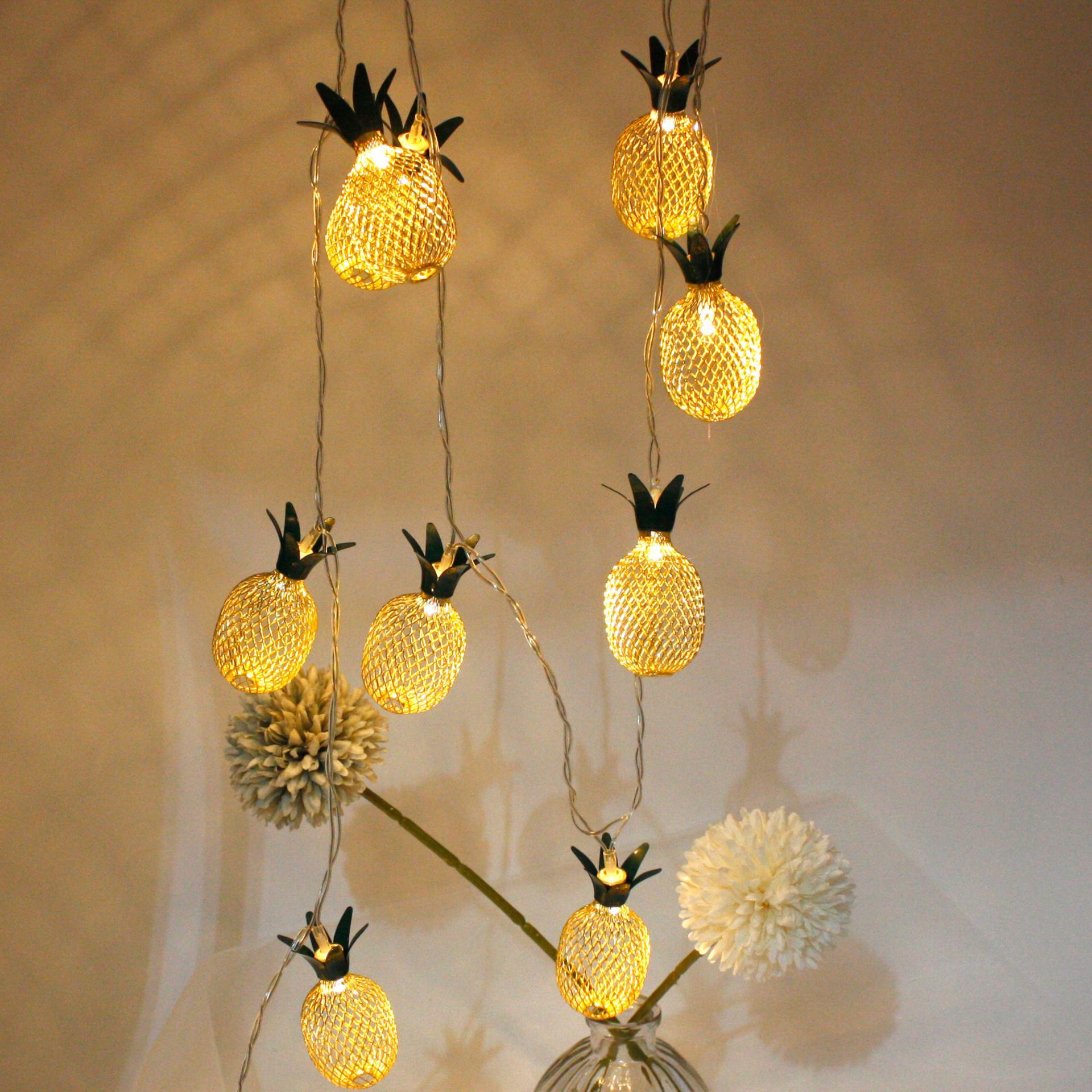 led灯串铁网金色菠萝彩灯水果装饰灯电池盒太阳能铁艺菠萝灯串