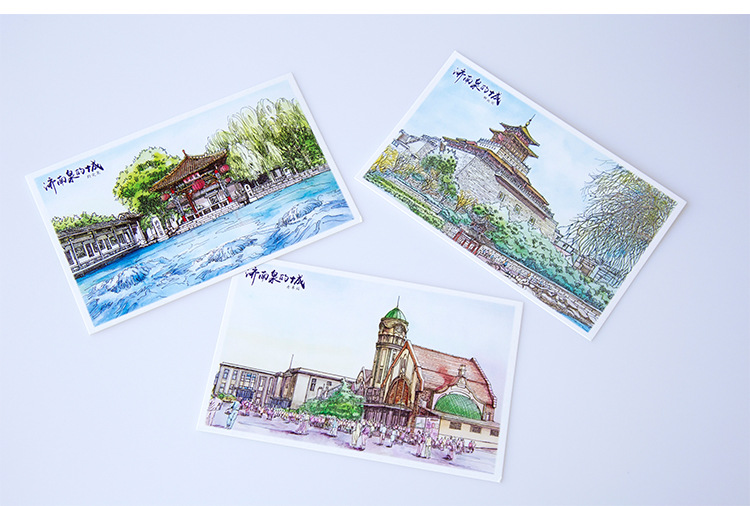 手绘明信片山东 济南 风景旅游纪念文艺原创卡片盒装10张入
