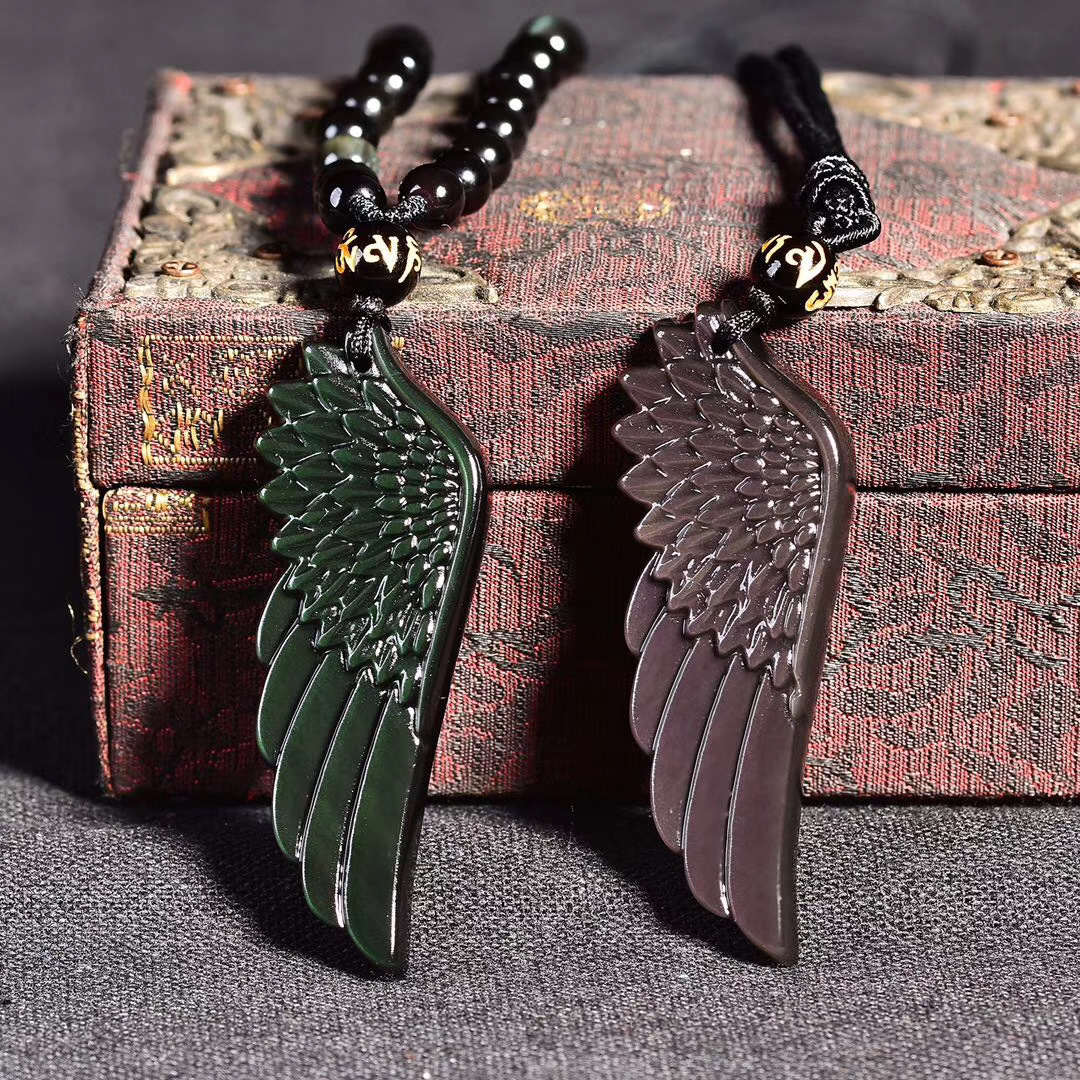 天然彩虹眼黑曜石金曜石天使之翼吊坠男女款天使翅膀项链饰品