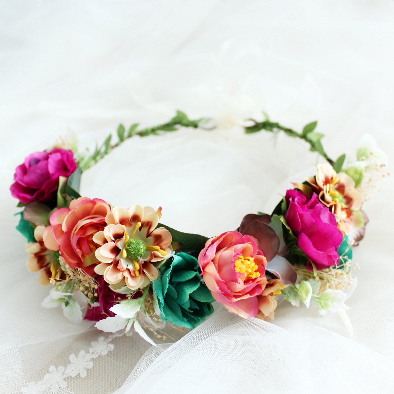 欧式复古玫瑰布艺花朵发带花环头饰新娘结婚海边度假头花演出舞会