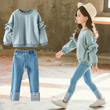 童装2019春装新款韩版女童袖子花边中大童牛仔裤套装支持一件代发