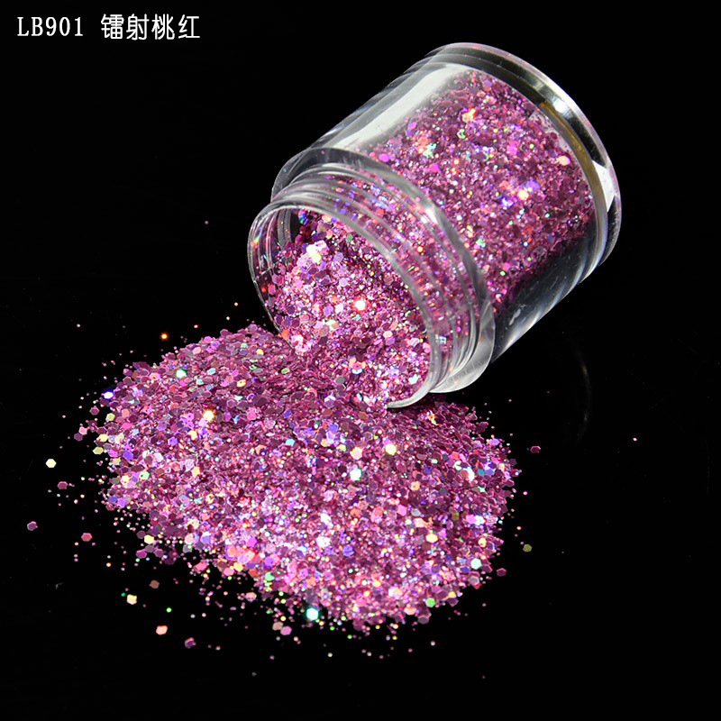 批发美甲化妆混合镭射金葱粉瓶装亮片12色1mm六角混合亮片 1/128