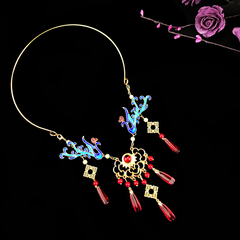 【原创古风古装项圈明制汉服配饰景泰蓝璎珞烧蓝古典珍珠项链凤凰