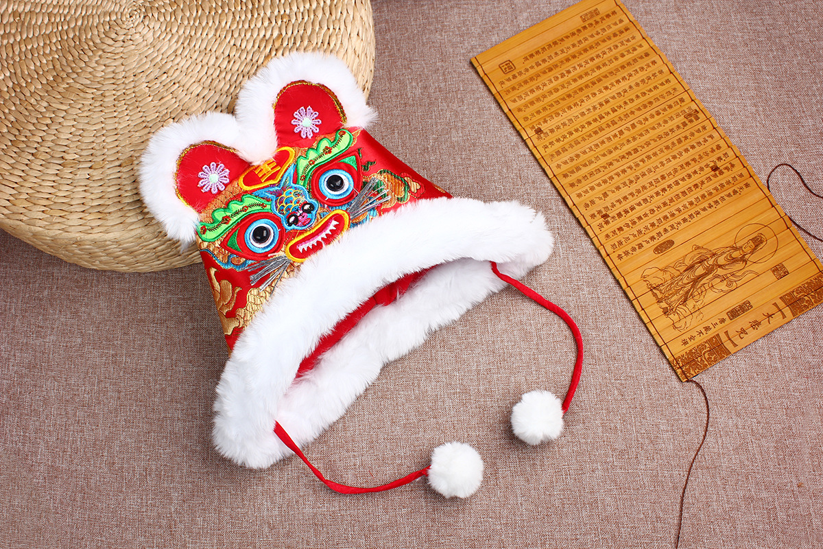 虎头帽摄影 传统手工宝宝布老虎棉帽子 拍照婴幼儿保暖柔软冬刺绣