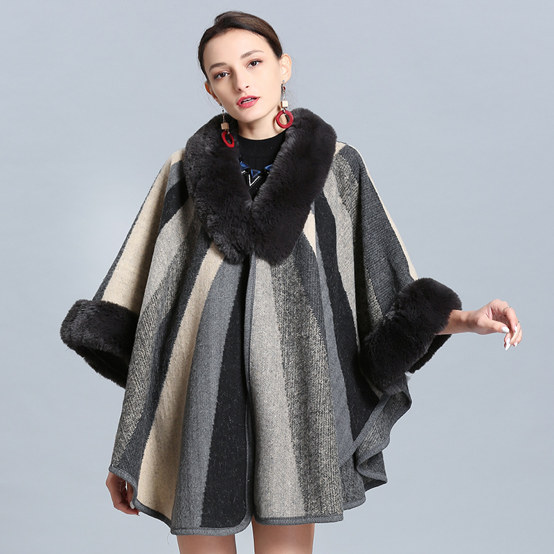 2021 European and American Imitation Fox Fur Collar Cloak outside Colorful Contrast Color Striped Knitted Inverness 603#