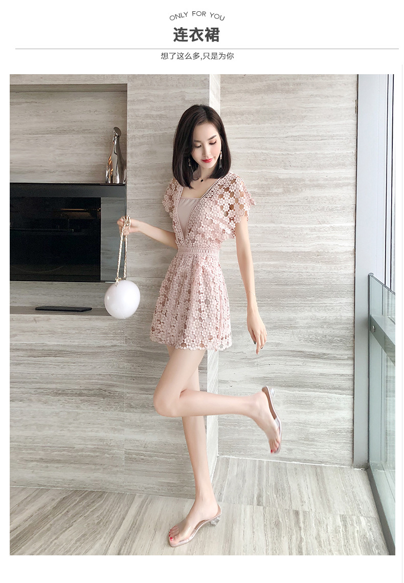2020夏季新款韩版甜美镂空蕾丝短款连衣裙女v领高腰修身短袖裙子