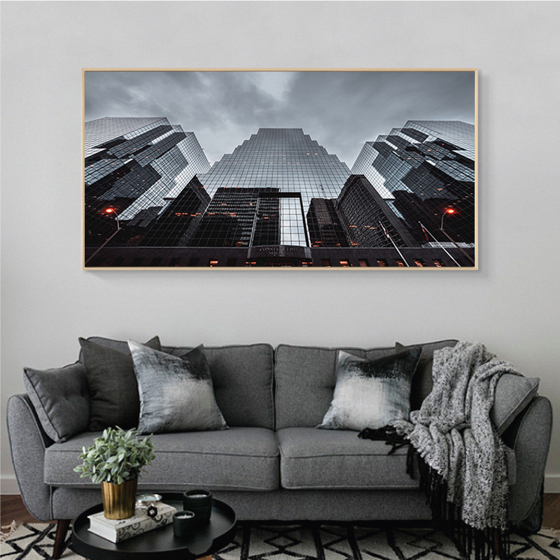 现代简约黑白建筑装饰画横版大幅个性工业风客厅挂画大气书房壁画