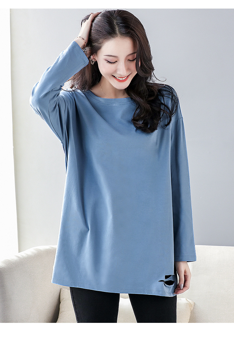 雾霾蓝宽松破洞t恤女中长款秋冬学生欧货大版长袖内搭打底衫ins潮