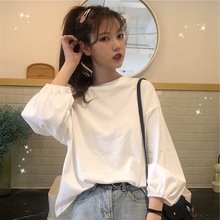 跨境新款2019韩版宽松显瘦减龄时尚百搭网红灯笼袖长袖白色t恤女