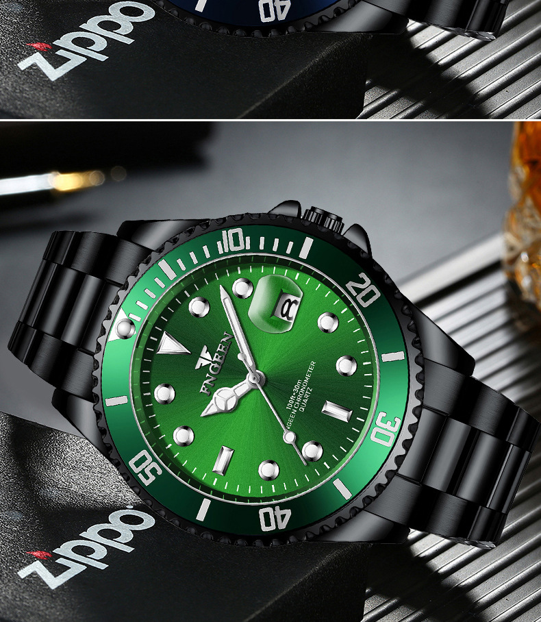 芬尊fngeen夜光绿水鬼手表男士石英表运动风精钢带日历表外贸新款