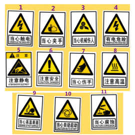 当心触电注意高温机械伤人伤手夹手安全警示警告标签塑料磨砂贴标