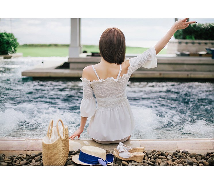 佳琪泡泡褶女游泳衣白色连体分体钢托聚拢修身显瘦温泉泳装批发