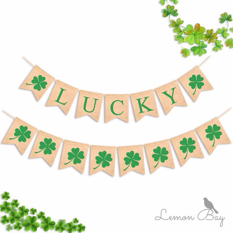 lucky幸运四叶草拉旗圣帕特里克爱尔兰节麻布拉旗派对装饰批发