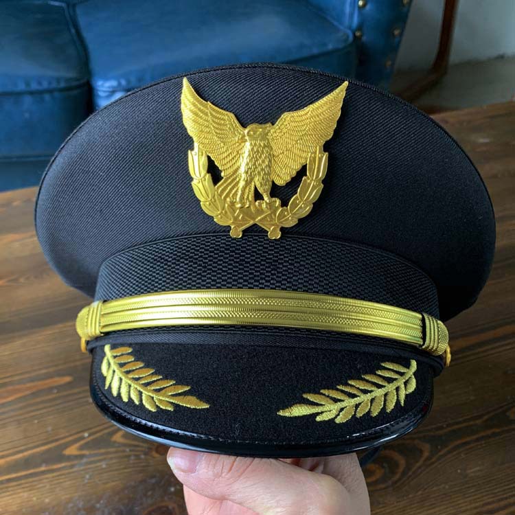 雅蕾帽厂现货黑色飞行员大盖帽金色绣花麦穗帽沿航空金色大檐帽子