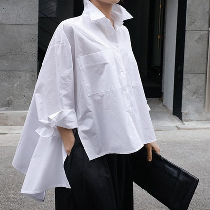 春夏装新款白色衬衫女韩版宽松大码斗篷型长袖不规则衬衣时尚上衣