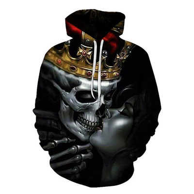 厂家直销跨境热卖2018新品3d数码印花接吻骷髅头连帽卫衣情侣杉