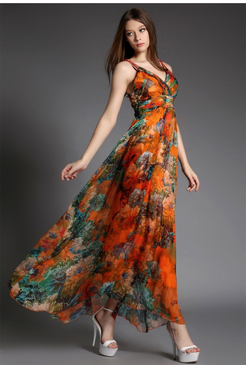 波西米亚风真丝连衣裙桑蚕丝海边度假印花吊带裙修身显瘦沙滩长裙