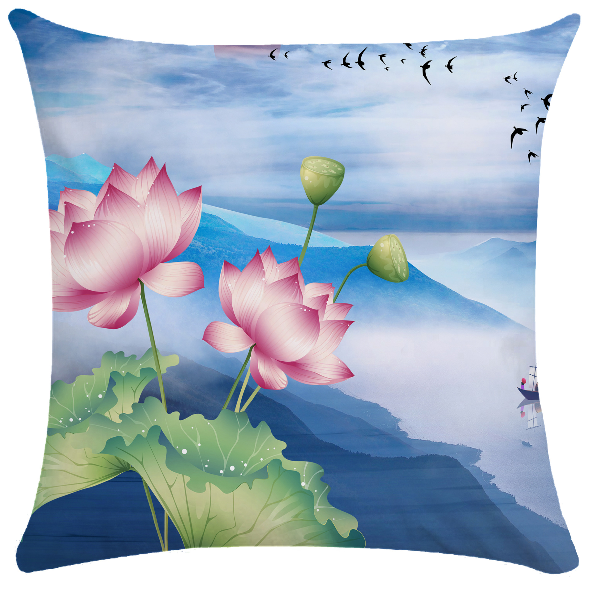 荷塘莲花超柔枕套简约清新短毛绒单双面抱枕靠枕亚马逊爆款定制