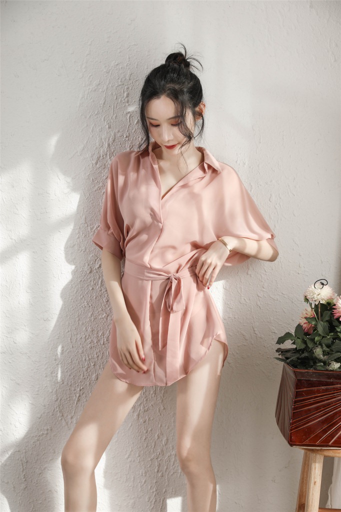 情趣内衣性感套头式雪纺v胸中短袖衬衫透视家居诱惑睡衣套装